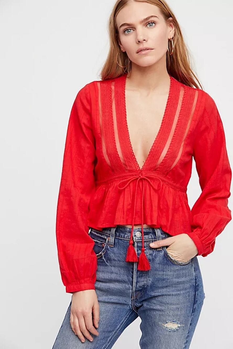 Free People Red Cotton Boho Blouse Top V-Neck Cottagecore Size M
